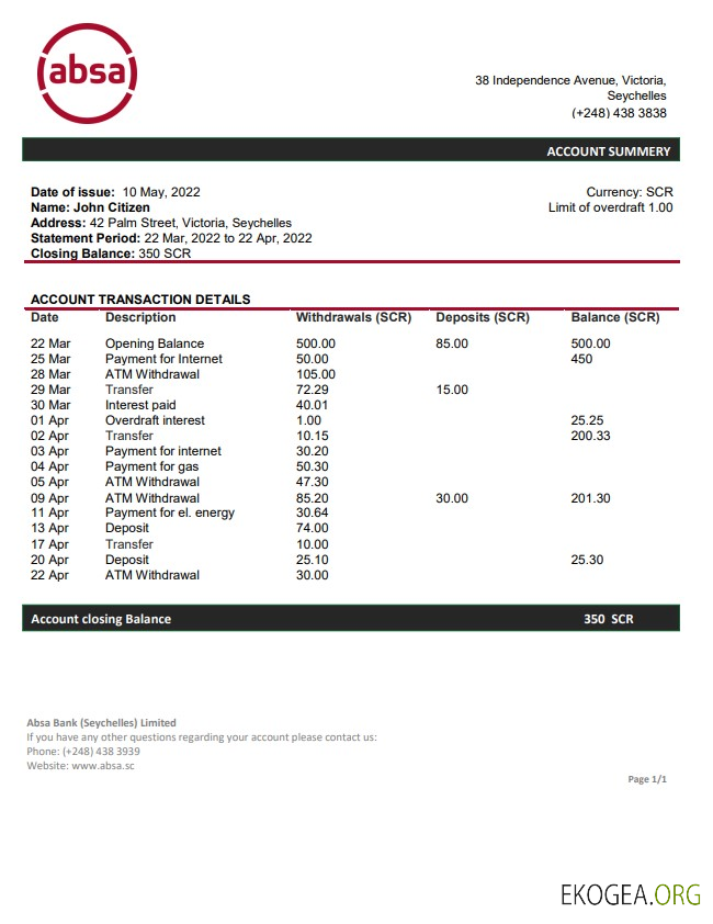 Relevé bancaire ABSA des Seychelles